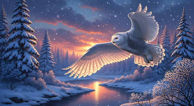 Snowy forest at dusk with a white owl gliding over a frozen river as sunlit pines glow softly today