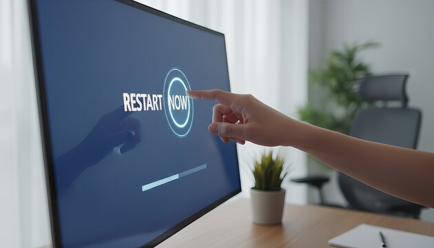 Computer showing “RESTART NOW” on screen in modern blurred home office background