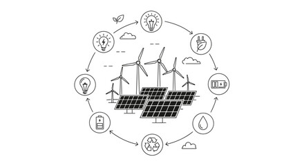 Illustration depicting a circular flow of renewable energy sources, including solar panels, wind turbines, and various icons representing energy usage and sustainability.
