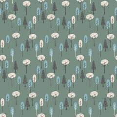 Winter or autumn forest, seamless pattern, hand‑drawn in a simple naive style. White, green, and blue trees on a dark green background. Suitable for textile design, gift paper, wallpaper, stationery