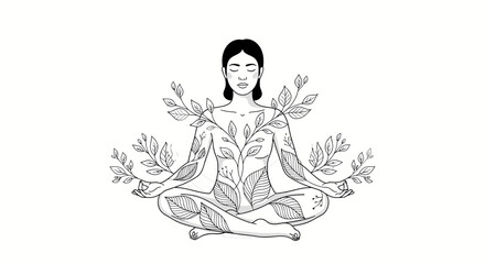 Woman in lotus position meditating, surrounded and covered in leaves, symbolizing nature, growth, and inner peace.