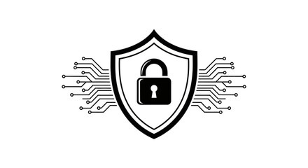A black and white graphic of a shield with a padlock inside, connected to circuit board elements, symbolizing digital security.