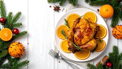 Festive Christmas Roast Chicken with Orange Slices and Decorations.