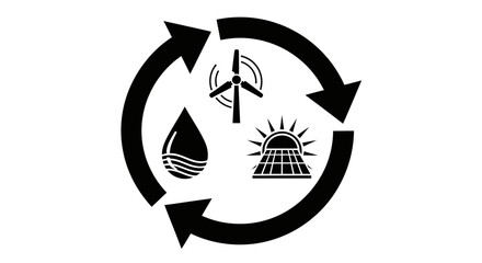 Circular diagram showing renewable energy sources: water, wind turbine, and solar panels, representing a cycle of sustainable power.