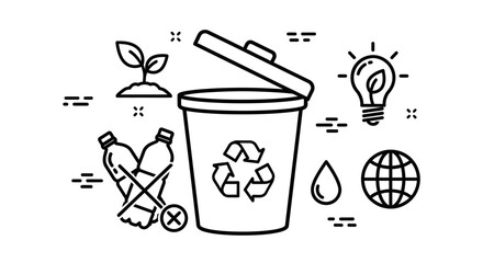 Black and white line art illustration depicting a recycling bin, seedling, lightbulb, water drop, globe, and crossed-out plastic bottles, symbolizing environmental awareness.