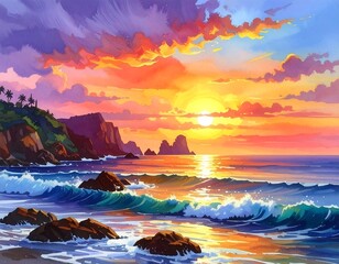 Beautiful coastal sunset with vibrant colors over ocean waves