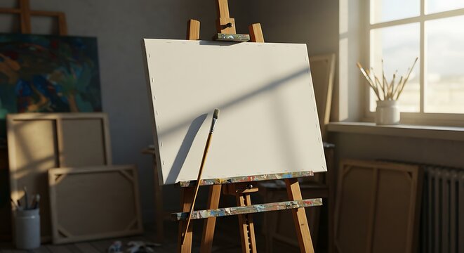 A blank canvas on an easel in a bright art studio with paintbrushes and other canvases in the background