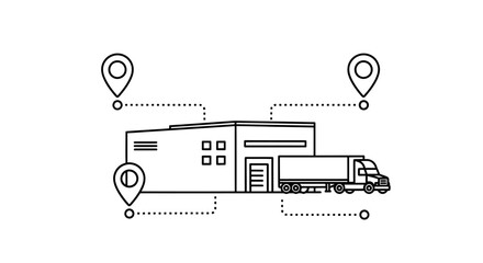 Line art illustration of a warehouse building with a truck and location pins, representing logistics and distribution.