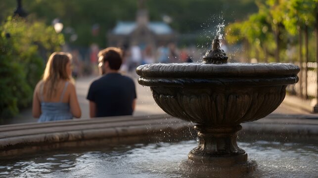 A couple sits near a splashing stone fountain in a sunlit park with a softly blurred background of trees and people - Powered by Adobe