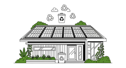 Illustration of a house with solar panels on the roof and recycling bins, surrounded by greenery, symbolizing sustainable living.