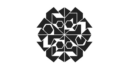 Abstract geometric design featuring symmetrical arrangement of triangles, hexagons, and angular shapes in black against a white background.