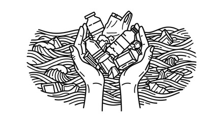 Hands holding plastic waste over stylized water, illustrating pollution and environmental concerns.