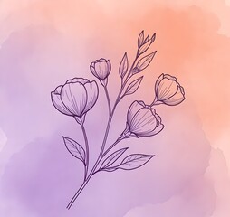 “Delicate floral line art with soft pink and green watercolor background, creating an elegant and minimal botanical aesthetic.”