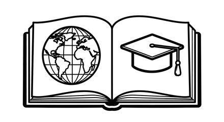 Open book illustration featuring a globe on one page and a graduation cap on the other.