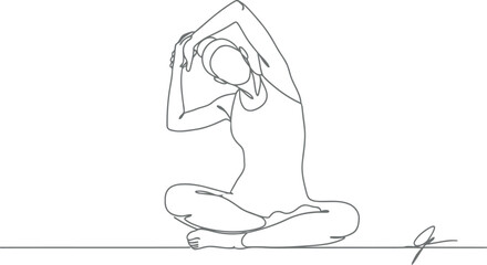 Obraz premium Minimalist line drawing of a person in a seated yoga pose stretching their arms