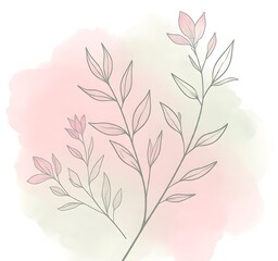 “Delicate floral line art with soft pink and green watercolor background, creating an elegant and minimal botanical aesthetic.”