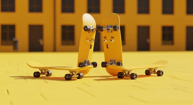 Two cute yellow cartoon skateboards with puckered lips kissing in a monochrome city.