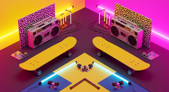 Vibrant Retro Skateboards and Boomboxes in Symmetrical Neon 3D Layout
