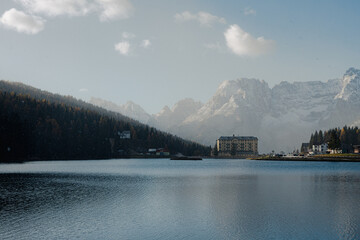 Landscape of Beautiful mountain lake Misurina in Dolomites - Lago di Misurina.,Italy