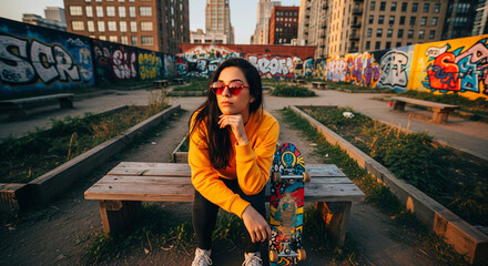 Stylish young woman in yellow with skateboard and red sunglasses in urban graffiti park.