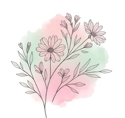 “Delicate floral line art with soft pink and green watercolor background, creating an elegant and minimal botanical aesthetic.”