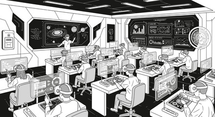 A futuristic classroom scene depicts students wearing headsets and working at desks with screens, while a teacher presents a lesson on planets and space.