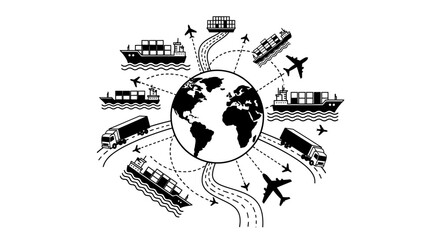 Global trade illustration: Earth with airplanes, cargo ships, and trucks transporting goods around the world, connected by dotted lines and roads.