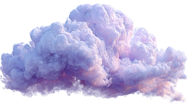 Soft pastel fluffy cloud with pink and purple hues in dreamy sky vapor texture isolated on white background