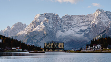 Landscape of Beautiful mountain lake Misurina in Dolomites - Lago di Misurina.,Italy
