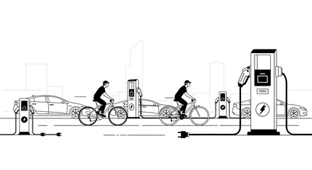 Illustration depicting the transition to sustainable transportation with electric cars and bicycles at charging stations in a city environment.