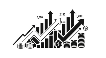 Black and white illustration showing a bar graph with upward-pointing arrows, stacks of coins, and dollar signs, representing growth and financial success.