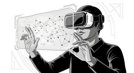 Man wearing a VR headset interacts with a digital interface displaying a network of connected nodes, rendered in black and white.