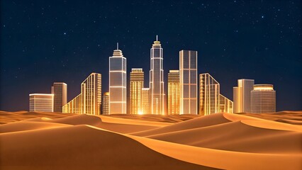 Modern city skyline emerges from desert dunes under a starry night sky