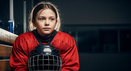 Pensive young female hockey player holding helmet on locker room bench.