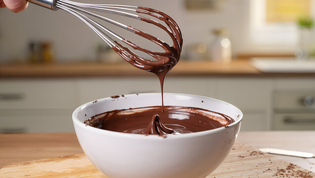 Whisk with bowl of chocolate batter