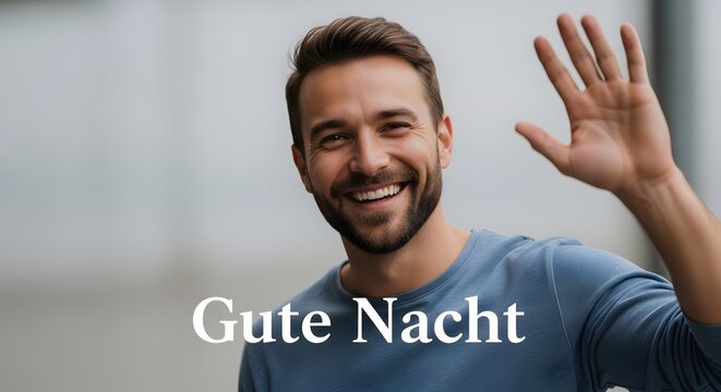 A cheerful man with a beard is smiling and waving his hand in a friendly greeting, wearing a casual blue shirt against a blurred background