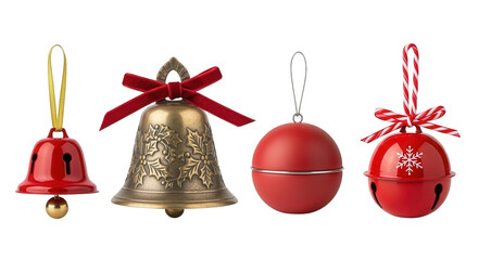 Assorted christmas bells and ornaments isolated on transparent background
