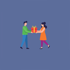 A flat illustration depicts a man gifting a wrapped present with a yellow ribbon to a woman against a blue background, showing a moment of generosity or celebration.
