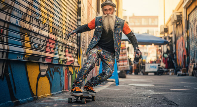 Elderly bearded street artist skateboarding with a spray can in a vibrant graffiti alley. - Powered by Adobe