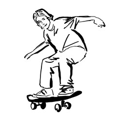 vector  illustration of a young man with long hair skateboarding. 
