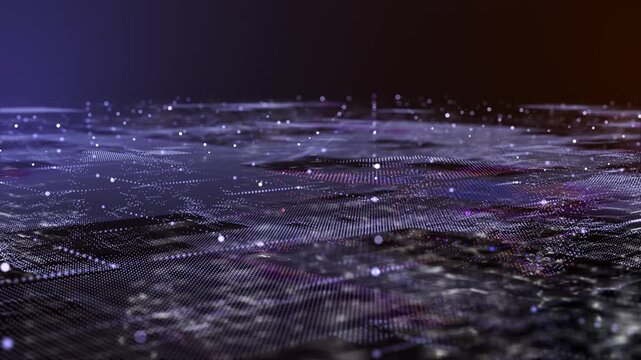 Flying through futuristic digital geology terrain, digital data telemetry and engineer topography with contour lines. 3D wireframe cartography concept. 