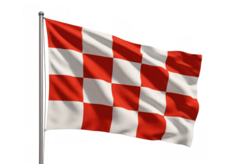 Checkered flag waving on flagpole representing racing, competition, achievement, finish line, or danger warning signal