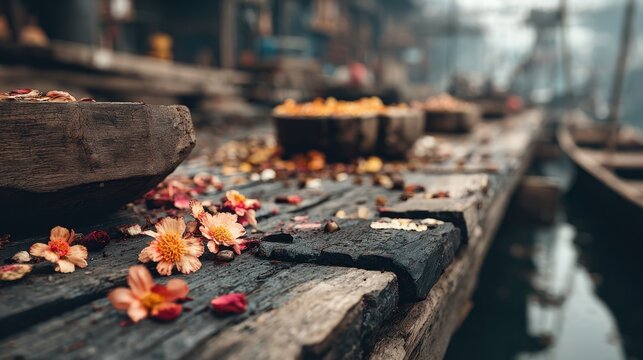 Rustic Charm: Floral Offerings on a Weathered Wooden Pier in Still Water