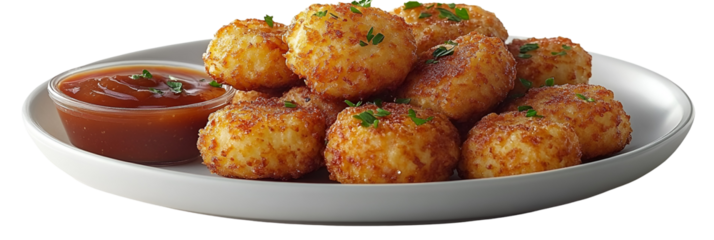 Crispy fried food bites with dipping sauce on a white plate