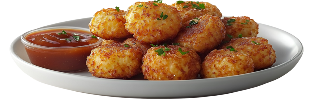 Crispy fried food bites with dipping sauce on a white plate