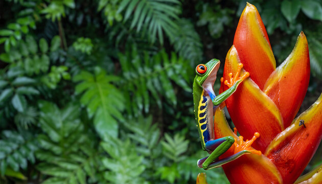 Red-Eyed Tree Frog on Tropical Flower