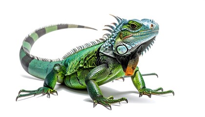 Obraz premium Vibrant Green Iguana on a White Background with Detailed Texture