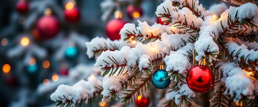 Sparkling snow-dusted pine branches with festive ornaments and warm lights , pine, christmas