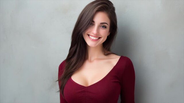 beautiful woman in a burgundy tight dress posing against a gray wall