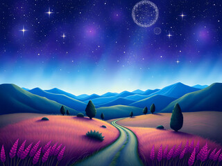 Un paisaje campirano en azul con un lindo tono espacial